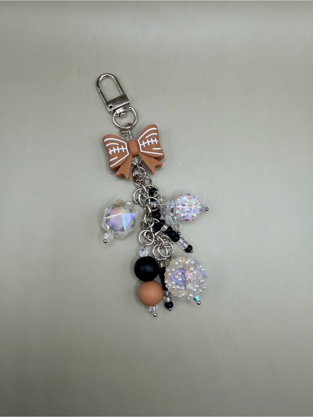 Beaded Bow Keychain Charm in Tan and Black